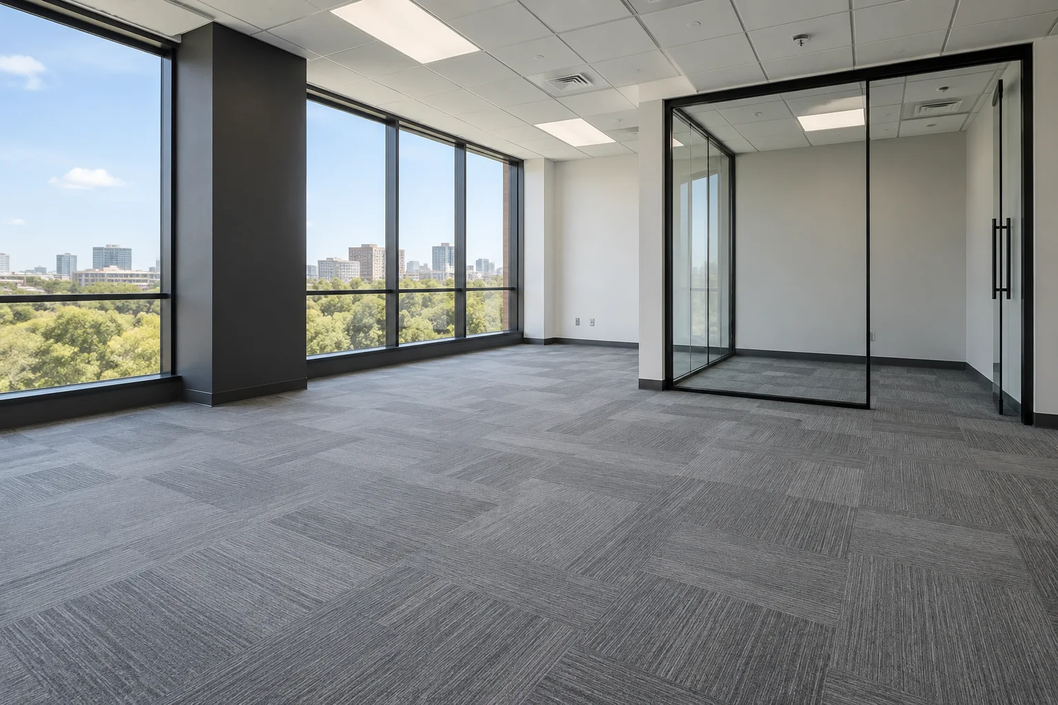 Illustrative empty office with carpet tiles and a glass partition.