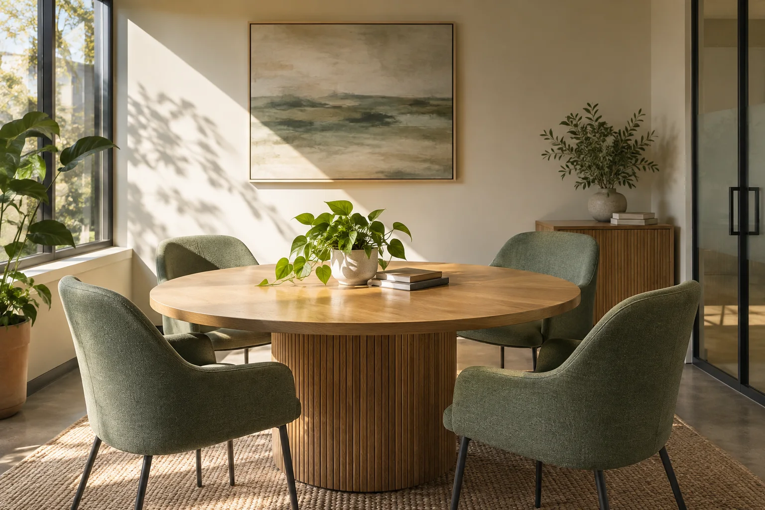 Illustrative compact office meeting room with a round oak table.